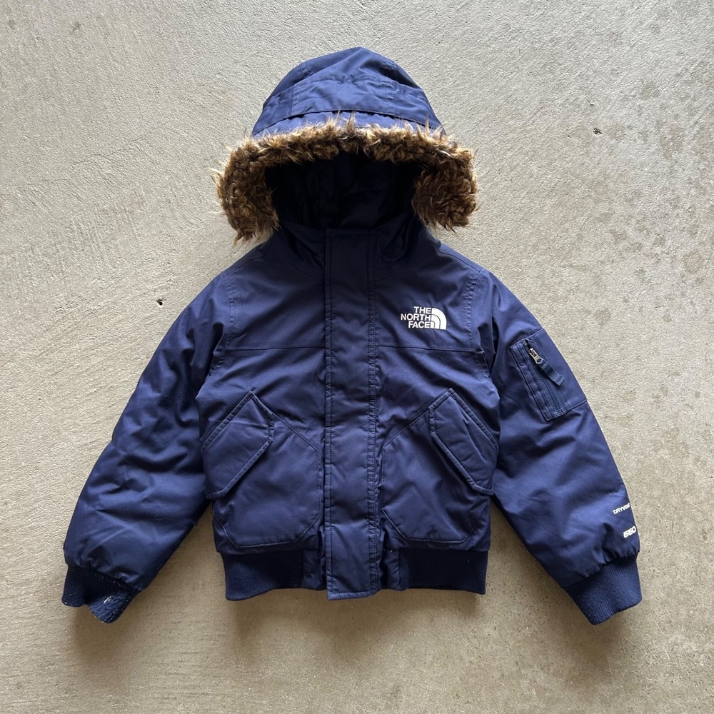 The North Face Gotham Down Jacket Boys XXS Navy Blue Faux Fur Hood 550 Fill Dry